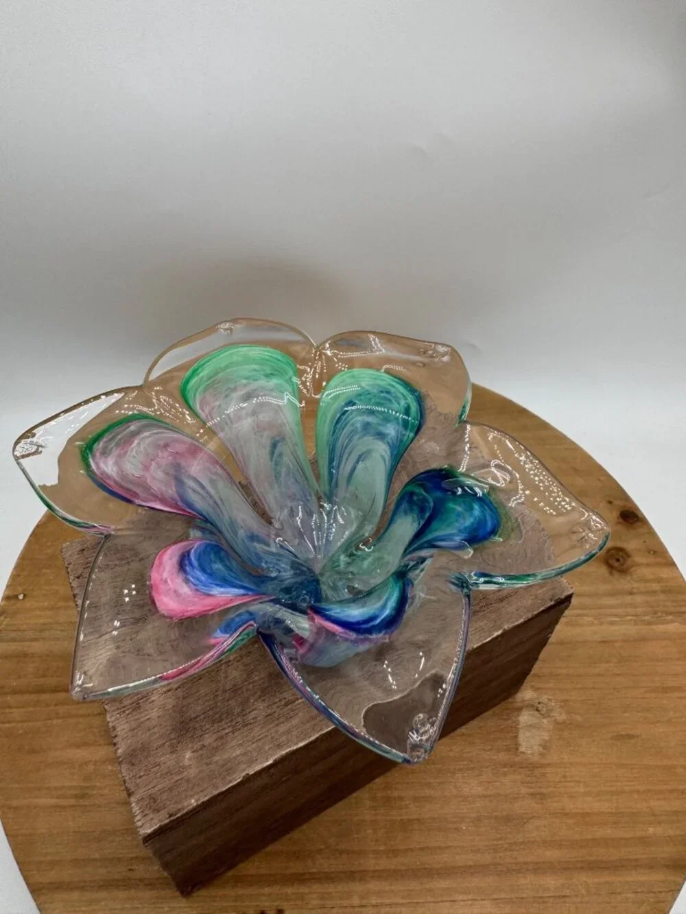 Vtg Murano Crystal Clear Art Glass Multicolor Flower Bowl Votive Pink Blue